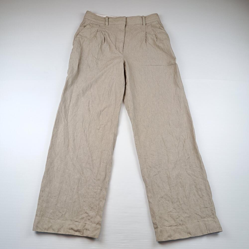 Aritzia Pants Womens 8 Beige Linen Wide Leg Pleated Dress Trousers Career Office